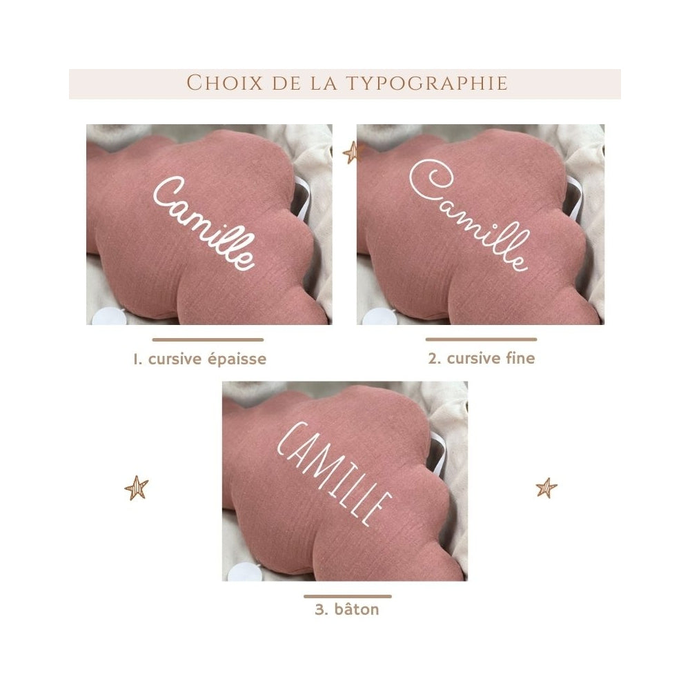 Guide des trois typographies pour personnaliser la veilleuse nuage vieux rose : cursive épaisse, cursive fine et lettres bâtons.
