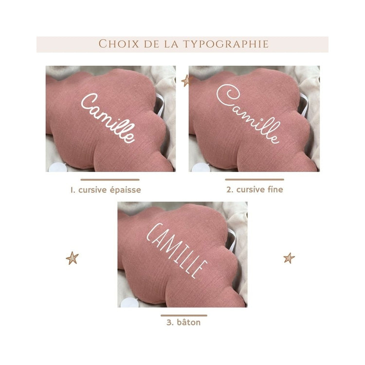 Guide des trois typographies pour personnaliser la veilleuse nuage vieux rose : cursive épaisse, cursive fine et lettres bâtons.