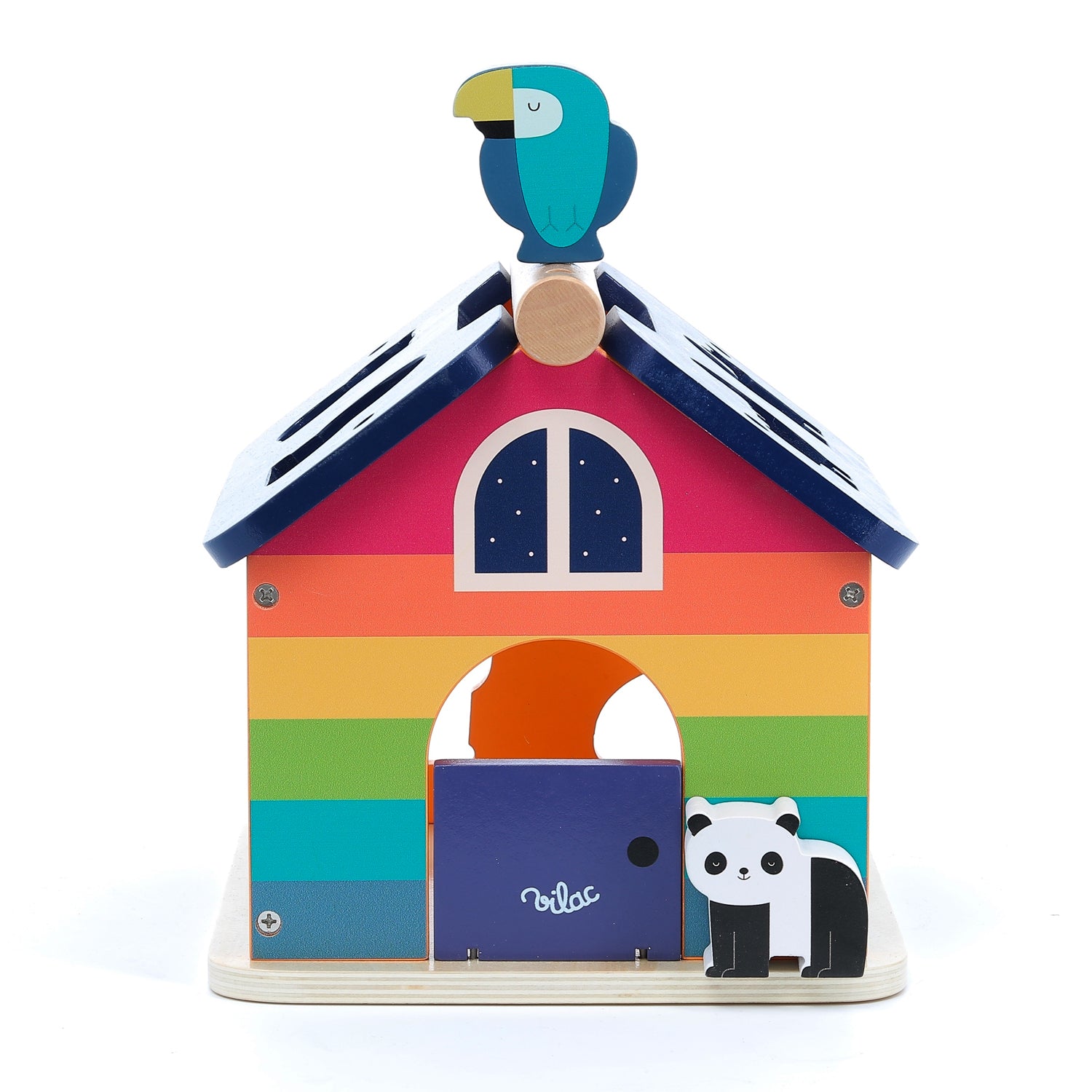 Packshot avant : maison arc-en-ciel VILAC avec toucan, boîte à formes Montessori.