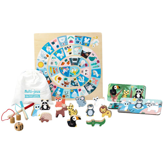 Coffret multi-jeux VILAC : pêche, loto, touche-trouve, jeu de l’oie, échelles – dès 2 ans.
