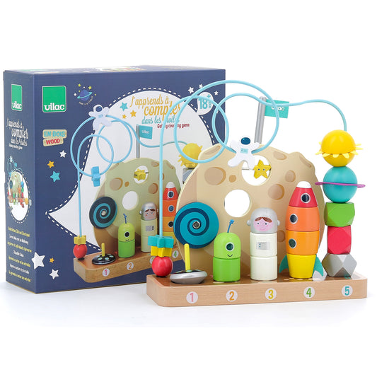 Coffret et jouet à compter en bois VILAC espace, idéal dès 18 mois.