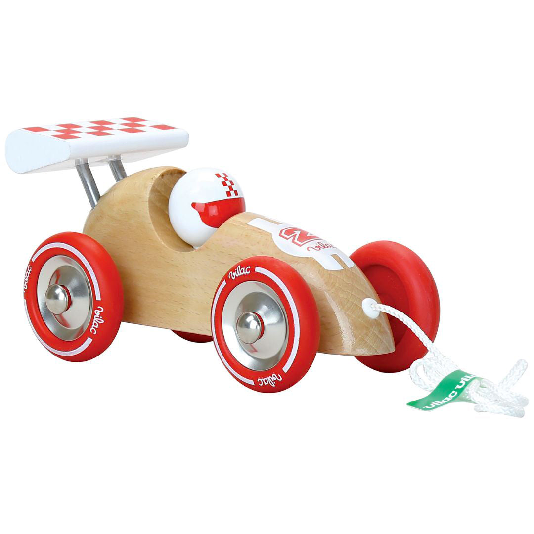 Petite voiture de course en bois à tirer VILAC naturel & rouge – vue latérale.
