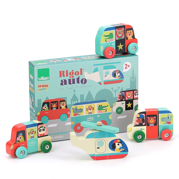 Mix and match véhicules aimantés – jeu d’éveil VILAC pour motricité fine dès 2 ans.