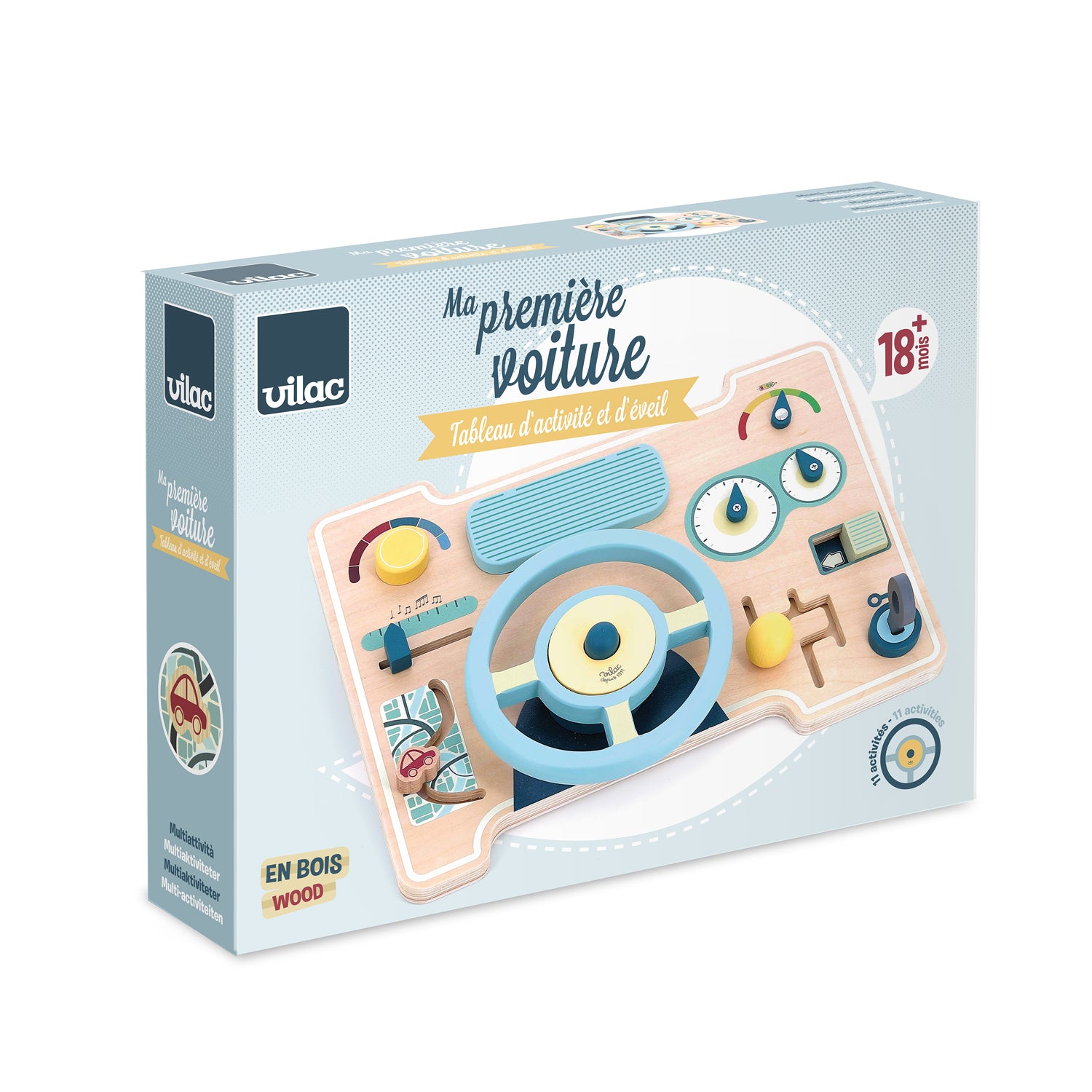 Coffret / emballage du tableau de bord avec volant voiture en bois VILAC.