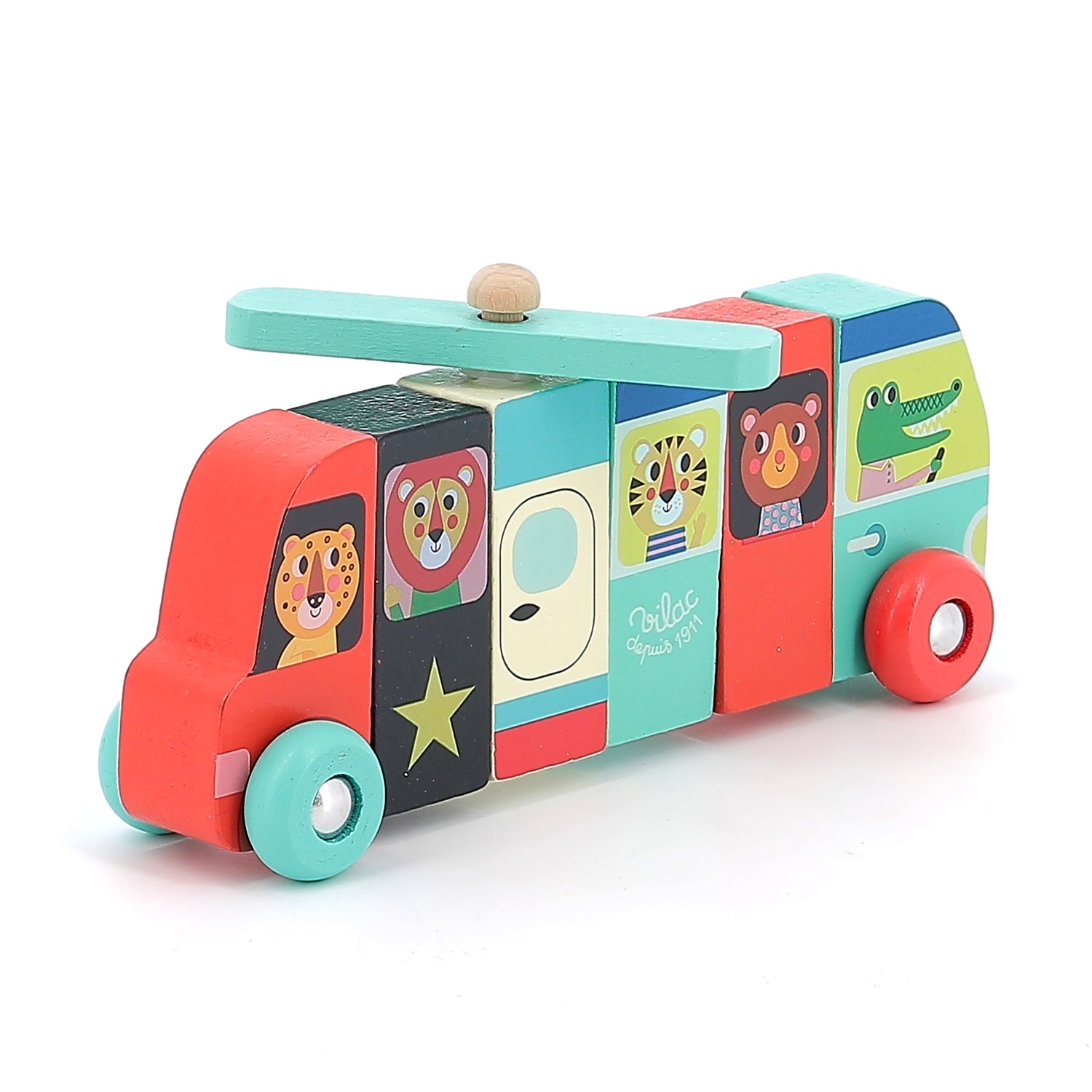 Bus et voiture aimantés à recomposer – jeu en bois VILAC dès 2 ans.
