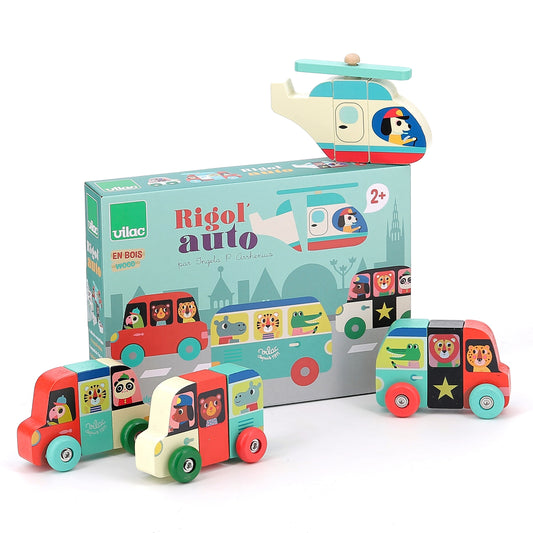 Jeu véhicules aimantés en bois dès 2 ans. Rigolauto Vilac