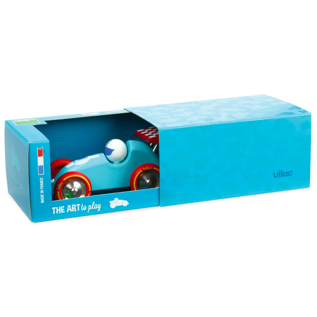 Coffret cadeau de la voiture en bois à tirer VILAC bleu rouge, fabrication française.