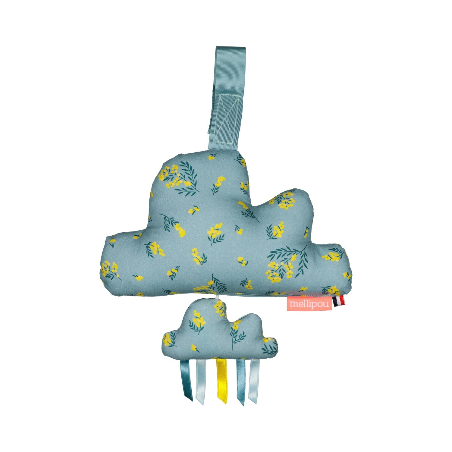 Peluche musicale bleu mimosa Mellipou. Formes de grand et petit nuage. Muni d'un système d'accroche pour installer sur un parc, un lit, un cosy. 