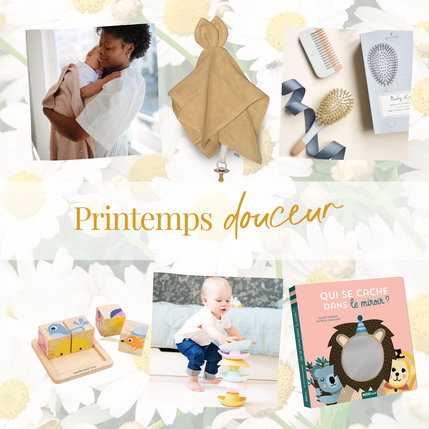 Coffret naissance multimarques engagées pour le bonheur des bébés : 6 articles parmi lesquels couverture et doudou en coton bio, kit coiffure bébé en bois naturel, jouet en bois premier age, jouet premier age made in France et livre miroir d'éveil. Pêle mêle photo des articles sur fond fleuris, paquerettes