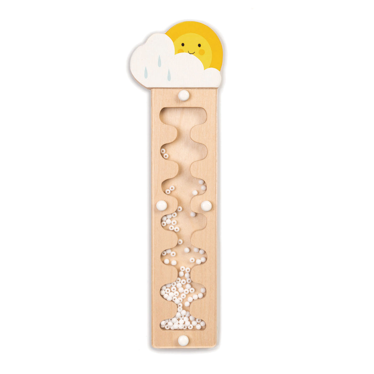 Tube de pluie Tender Leaf en bois surmonté d'un soleil et d'un nuage de pluie. Eveil premier âge. Les perles coulent le long d'un chemin en zig zag protégé par une paroi et reproduisent le bruit de la pluie qui coule sur une fenêtre.