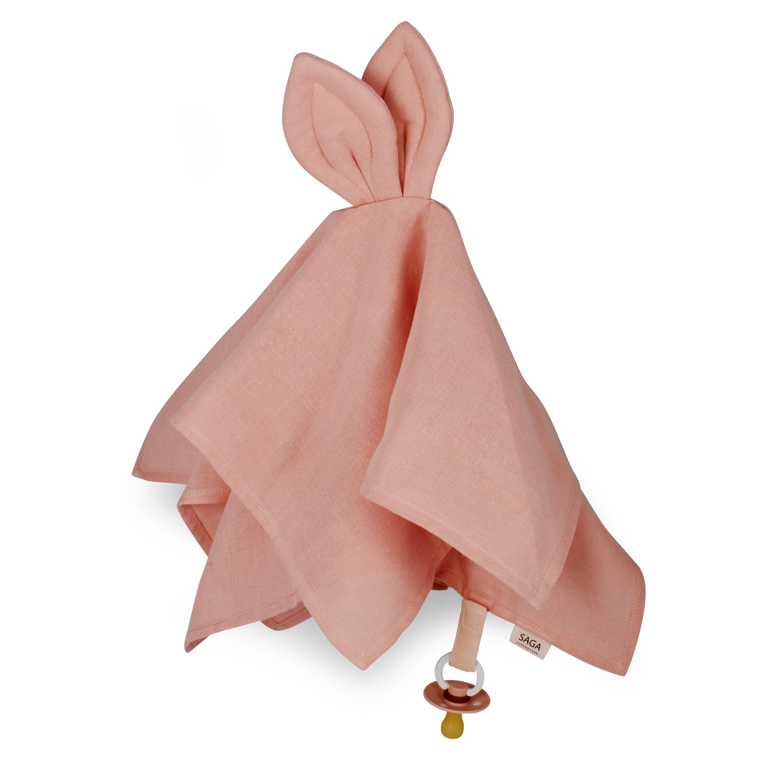 Doudou lange en coton biologique de couleur rose avec attache tétine et oreilles de lapin
