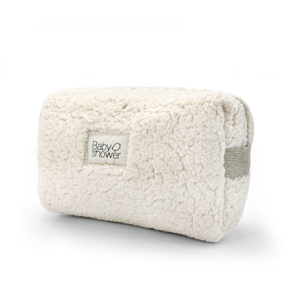 Grande trousse de toilette Babyshower rectangulaire, extérieur polaire mouton écru et coton. Intérieur plastifié imperméable.