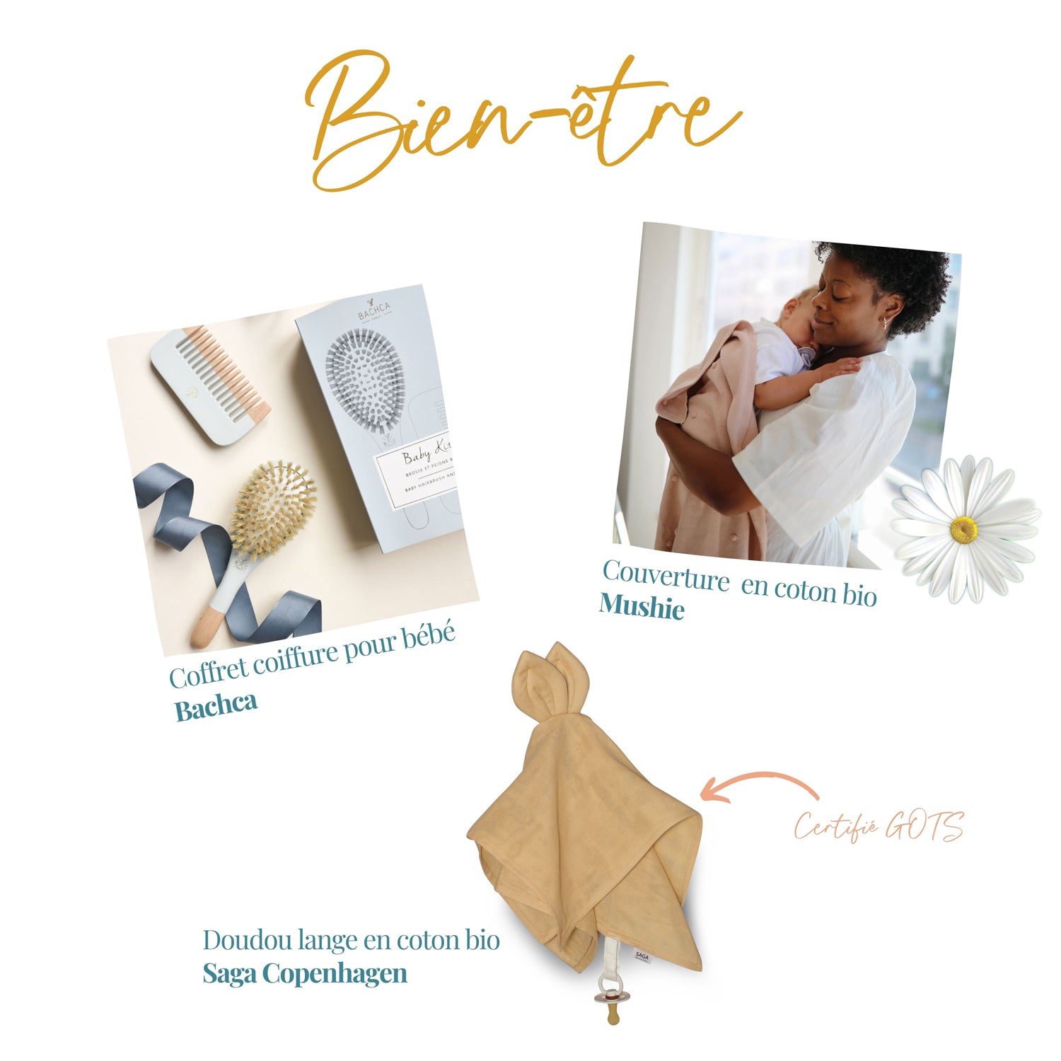 Coffret naissance : sélection bien-être avec le coffret coiffure pour bébé Bachca Paris, la couverture en coton bio Mushie et le doudou lange en coton biologique certifié gots Saga Copenhague