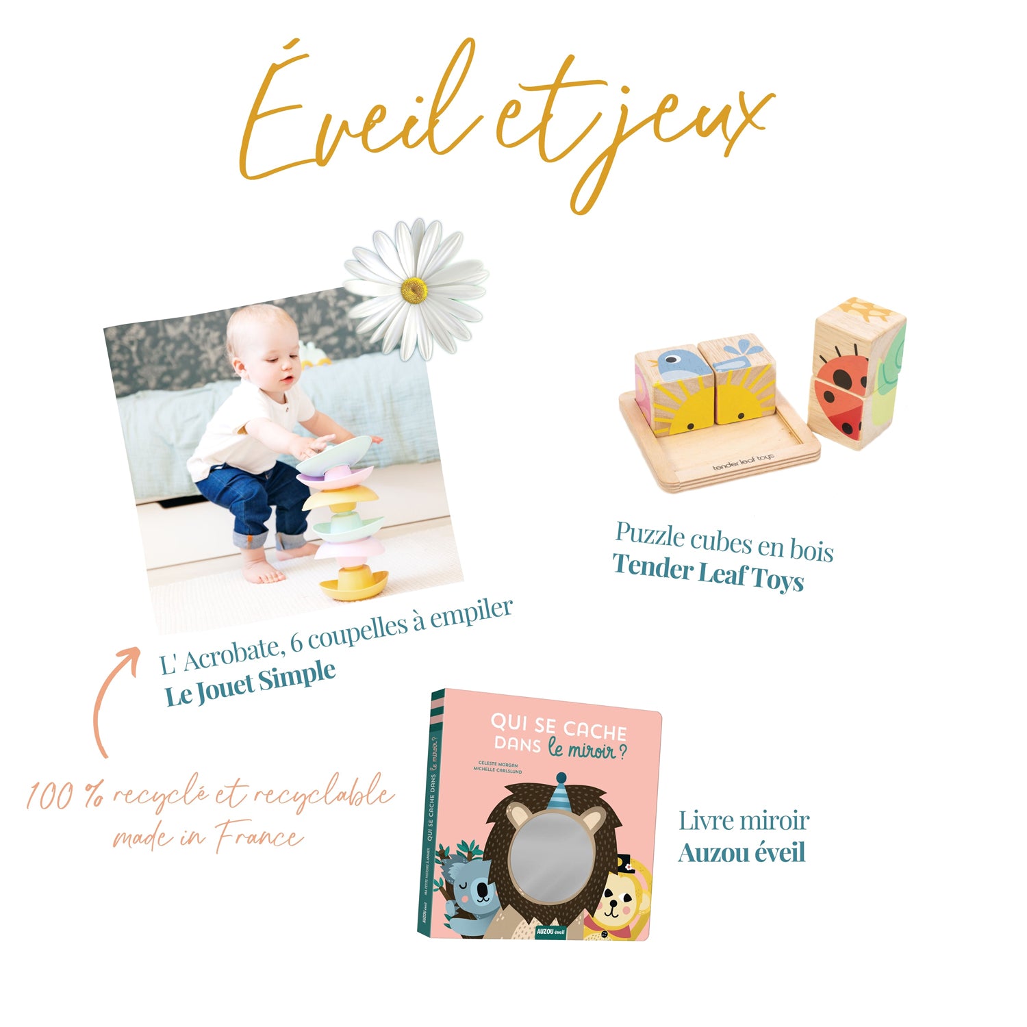 Coffret naissance : sélection éveil et jeux premier âge avec l'Acrobate du Jouet Simple jeu d'empilement de 6 coupelles en plastique recyclé et recyclable made in France, puzzle de 4 cubes en bois les animaux du jardin sur son plateau Tender Leaf et le livre miroir animaux rigolos Auzou eveil